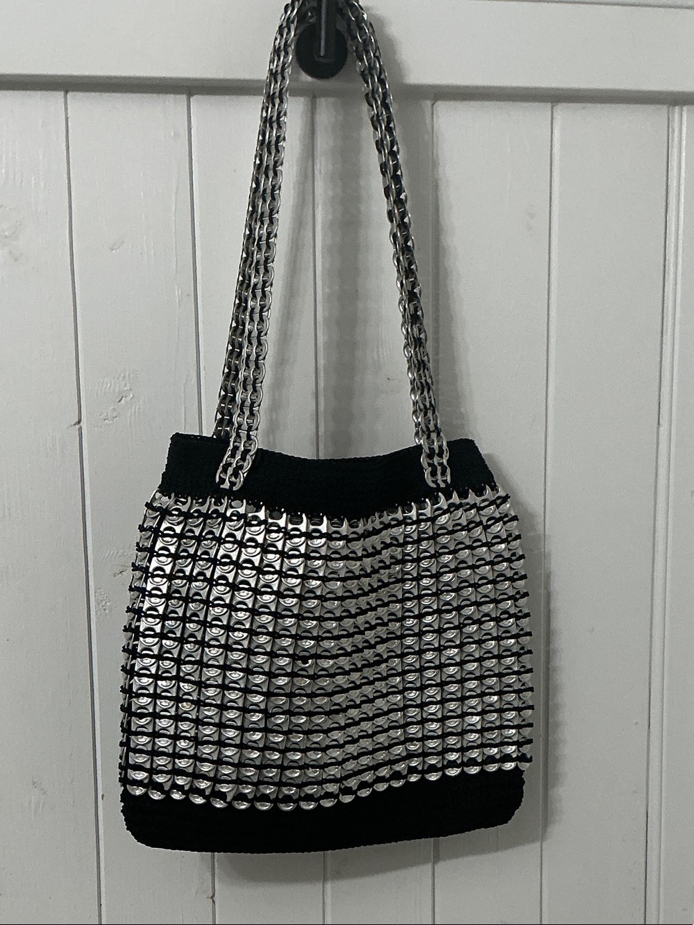 Vintage Y2K handmade upcycled soda pop can tab shoulder crochet tote bag